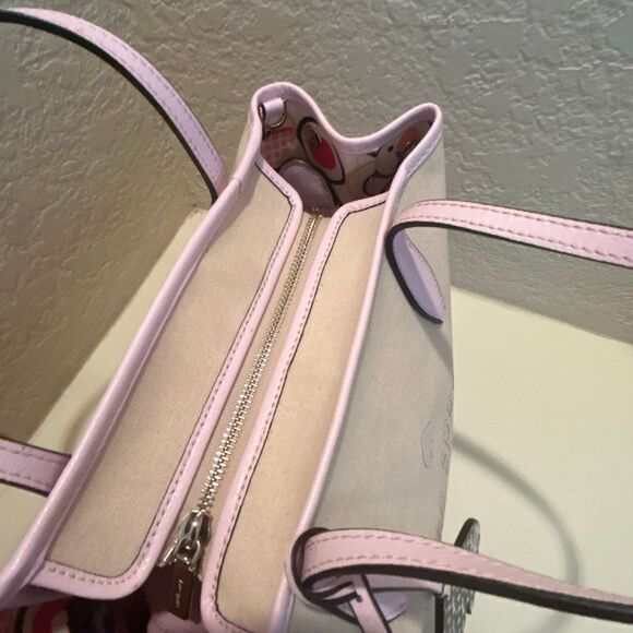 Kate Spade Leather Trim Canvas Tote Bag Natural Pink Logo Preppy Barbiecore - Picture 8 of 16